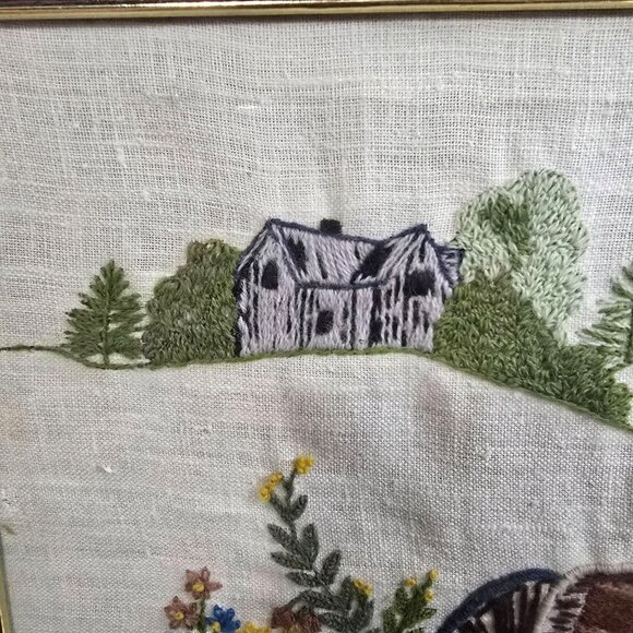 Vintage Framed Crewel #313 Old Wagon Wheel Farmhouse Landscape 17"x13" Rustic - Picture 3 of 14